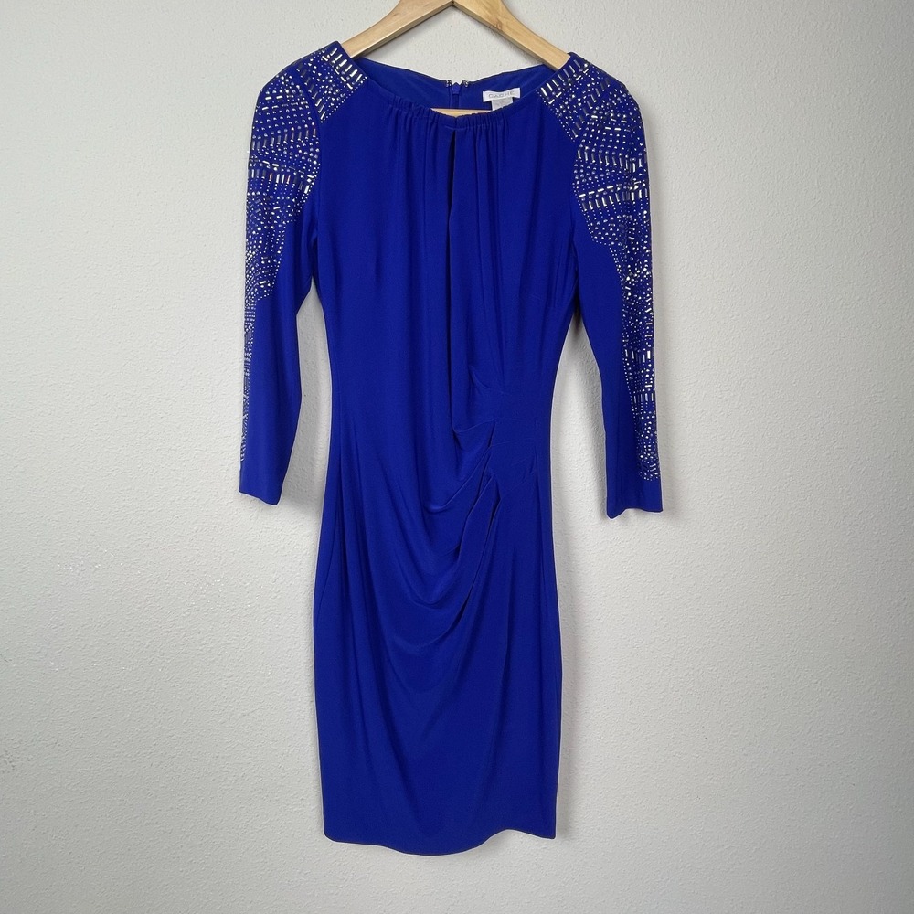 Cache Y2K Blue Embellished‎ Bodycon Dress Size 4 Stretch Drape Party Event